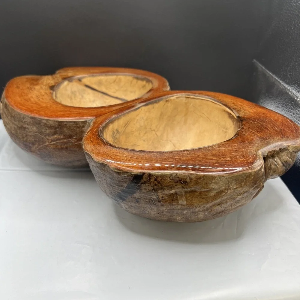 Vintage Lampadas Handcrafted Joined Twin Coconut Shell Bowl Made In Philippines